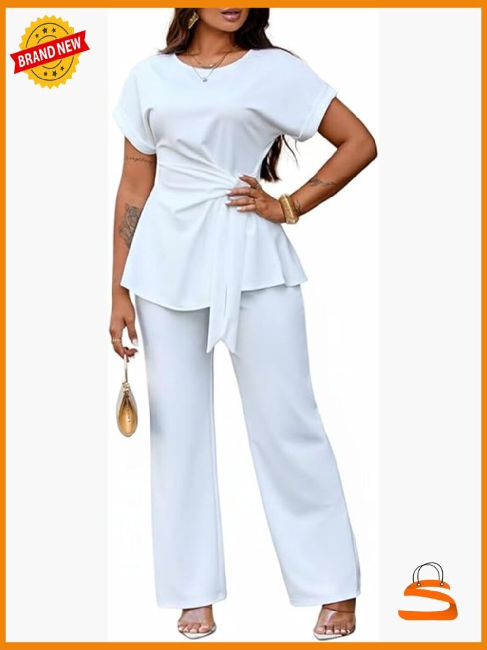 2 Piece Outfit Short Sleeve Peplum Top Flared Pant Business Suit Set Dressy